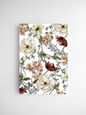 Detailed watercolor floral pattern for a calendar, featuring creamy peonies, delicate blossoms, and deep green foliage in earthy, autumnal tones.