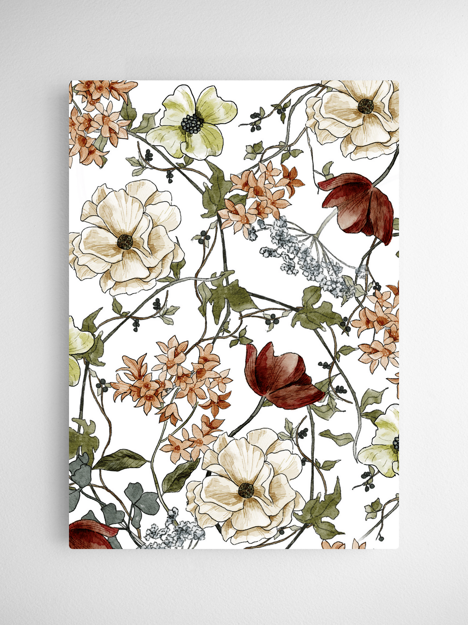 Elegant botanical watercolor pattern featuring cream, yellow, and deep maroon flowers intertwined with delicate vines, greenery, and foliage.