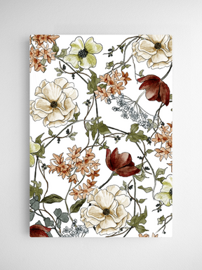Elegant botanical watercolor pattern featuring cream, yellow, and deep maroon flowers intertwined with delicate vines, greenery, and foliage.