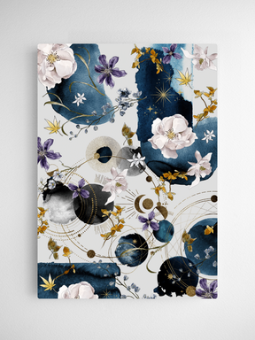 Watercolor botanical calendar cards featuring deep indigo watercolors, elegant white and purple blooms, delicate foliage, and gold celestial motifs.
