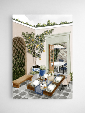 Charming watercolor illustration of a sunny Mediterranean courtyard, featuring a blossoming lemon tree, tiled outdoor table, and rustic cafe seating.