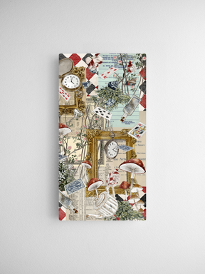 Whimsical vintage calendar card featuring a richly detailed collage of colorful mushrooms, ornate clock faces, and assorted botanical sketches.