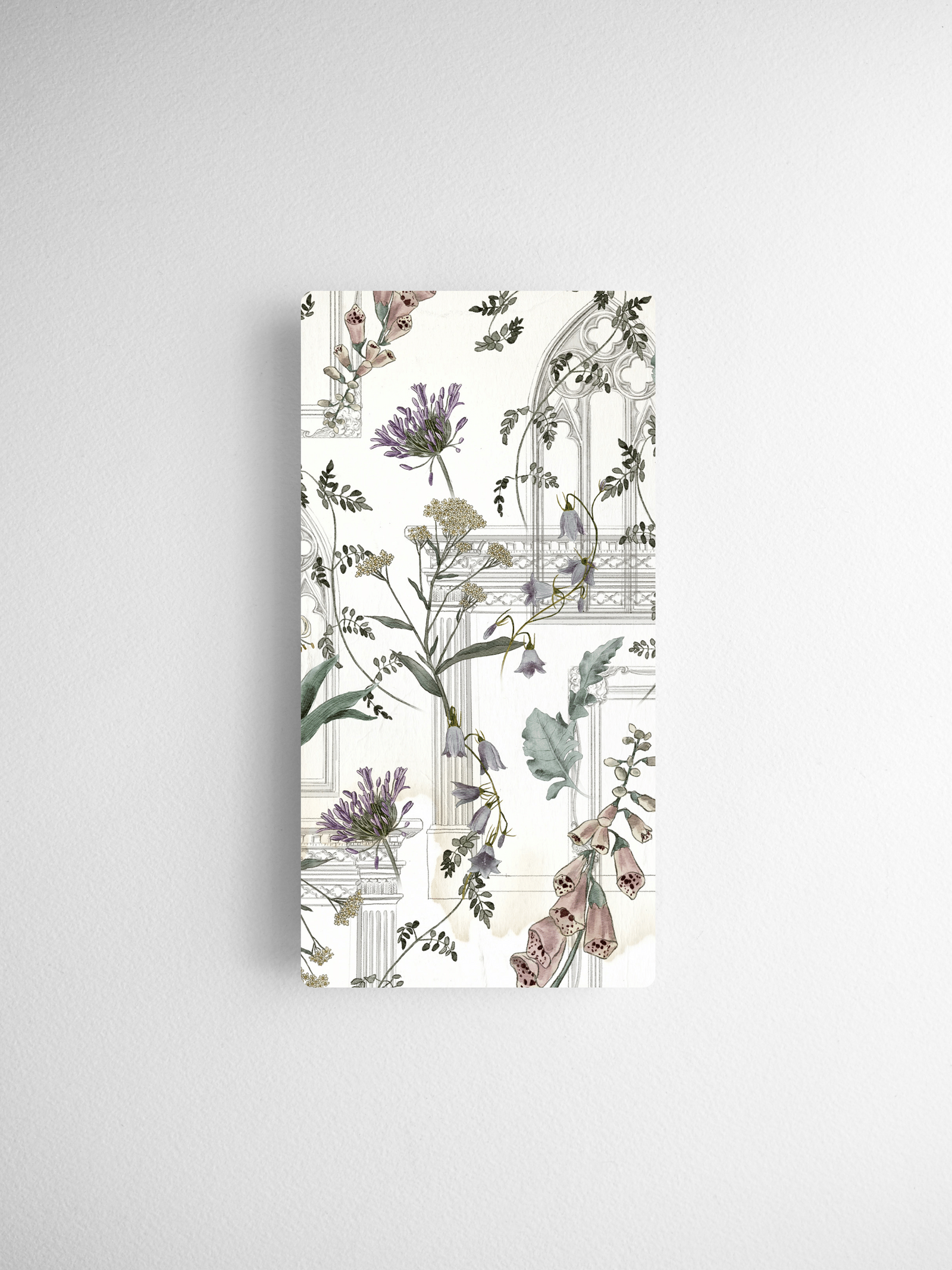 Intricate botanical calendar card design featuring watercolor lavender, subtle greenery, and delicate floral sprays within an elegant architectural border.