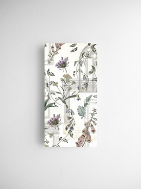 Intricate botanical calendar card design featuring watercolor lavender, subtle greenery, and delicate floral sprays within an elegant architectural border.