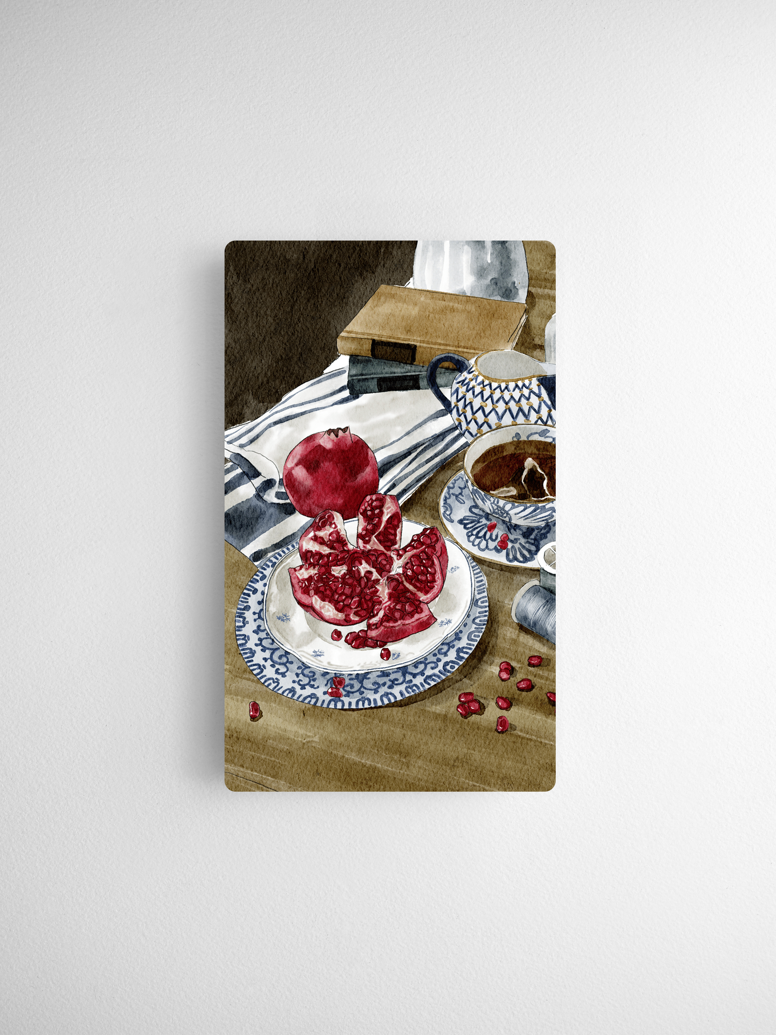 Rustic watercolor calendar cards featuring a beautiful still life arrangement of fresh apples, sliced red fruit, and blue and white patterned dishware.