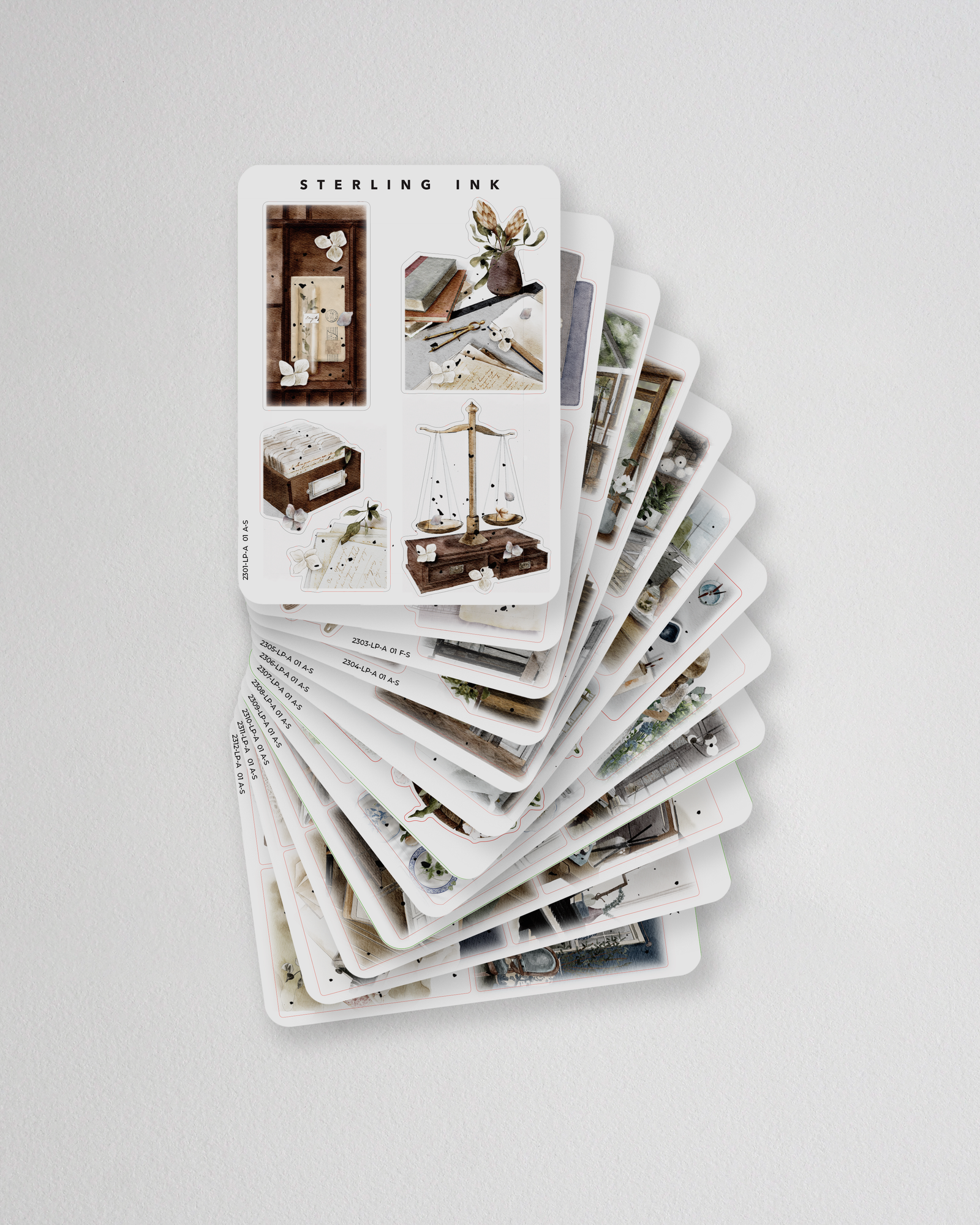 Vintage illustration sticker set featuring seasonal, rustic, and monthly motifs, perfect for creative journaling and scrapbooking layouts.