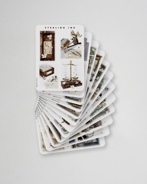 Vintage illustration sticker set featuring seasonal, rustic, and monthly motifs, perfect for creative journaling and scrapbooking layouts.