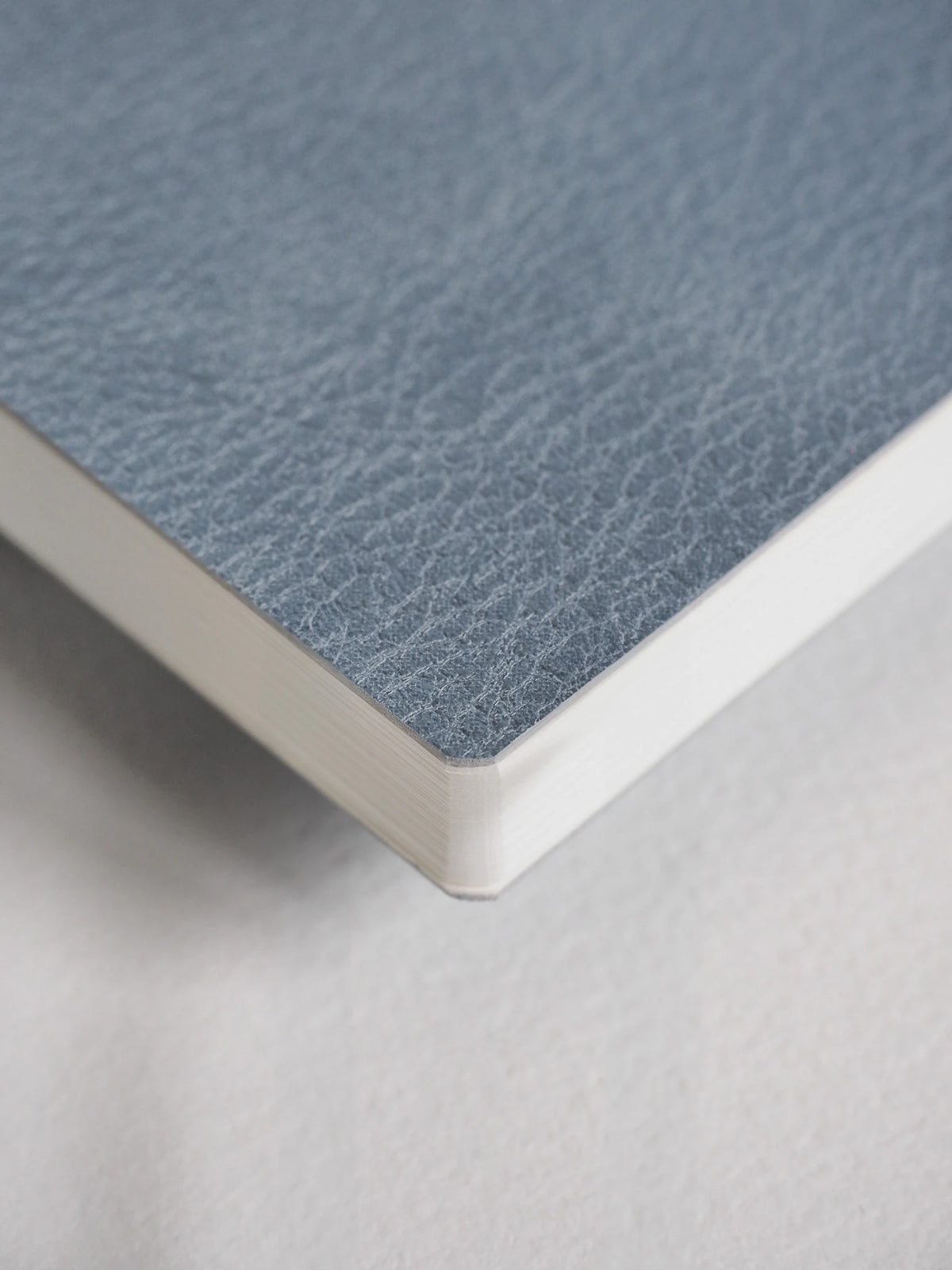 A close-up of a notebook or book corner showing a textured blue-gray cover and white page edges on a light neutral background.
#Color_Mist