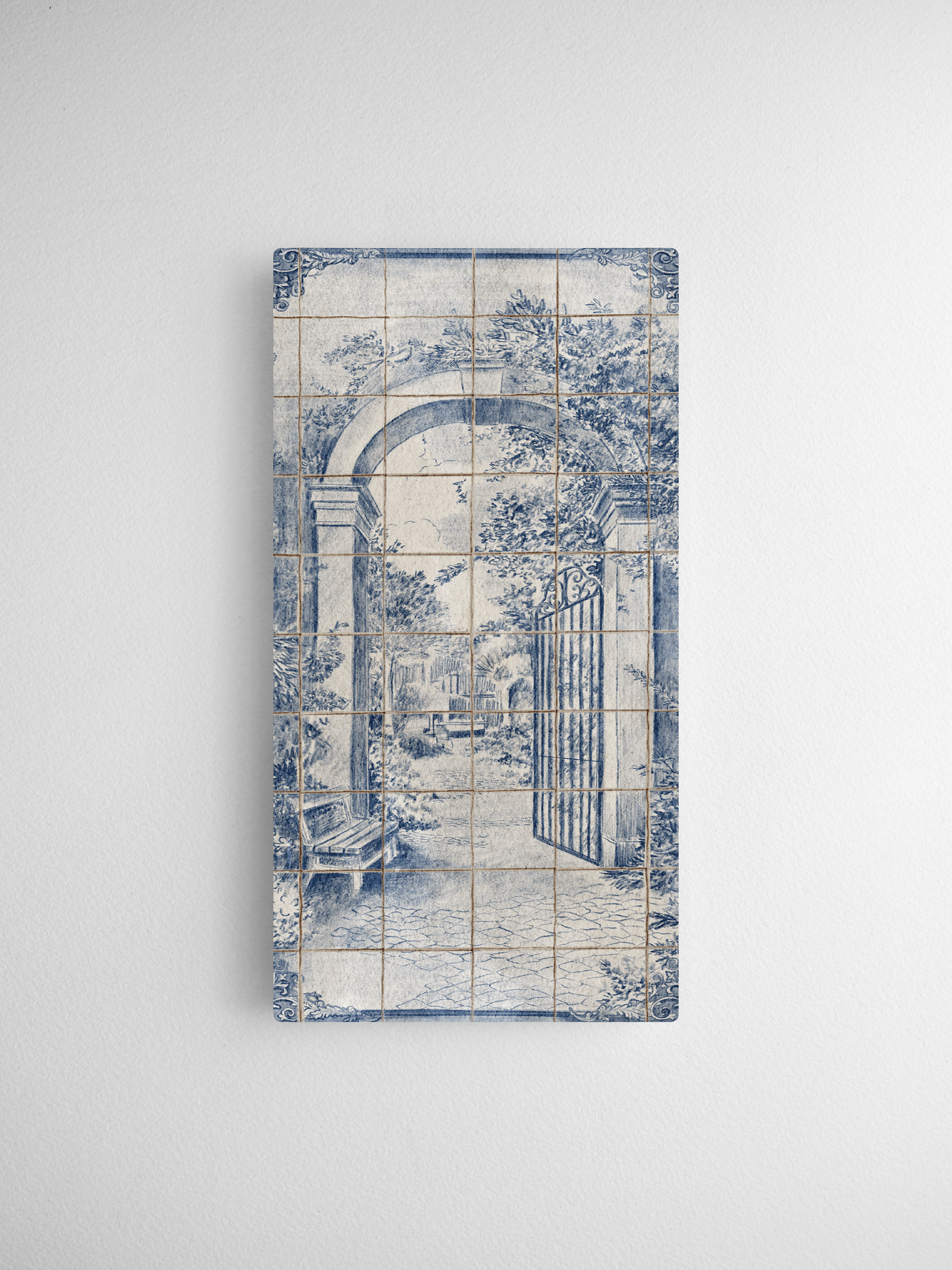 Detailed distressed blue tile print of an arched pathway and gate leading into a romantic garden courtyard scene.