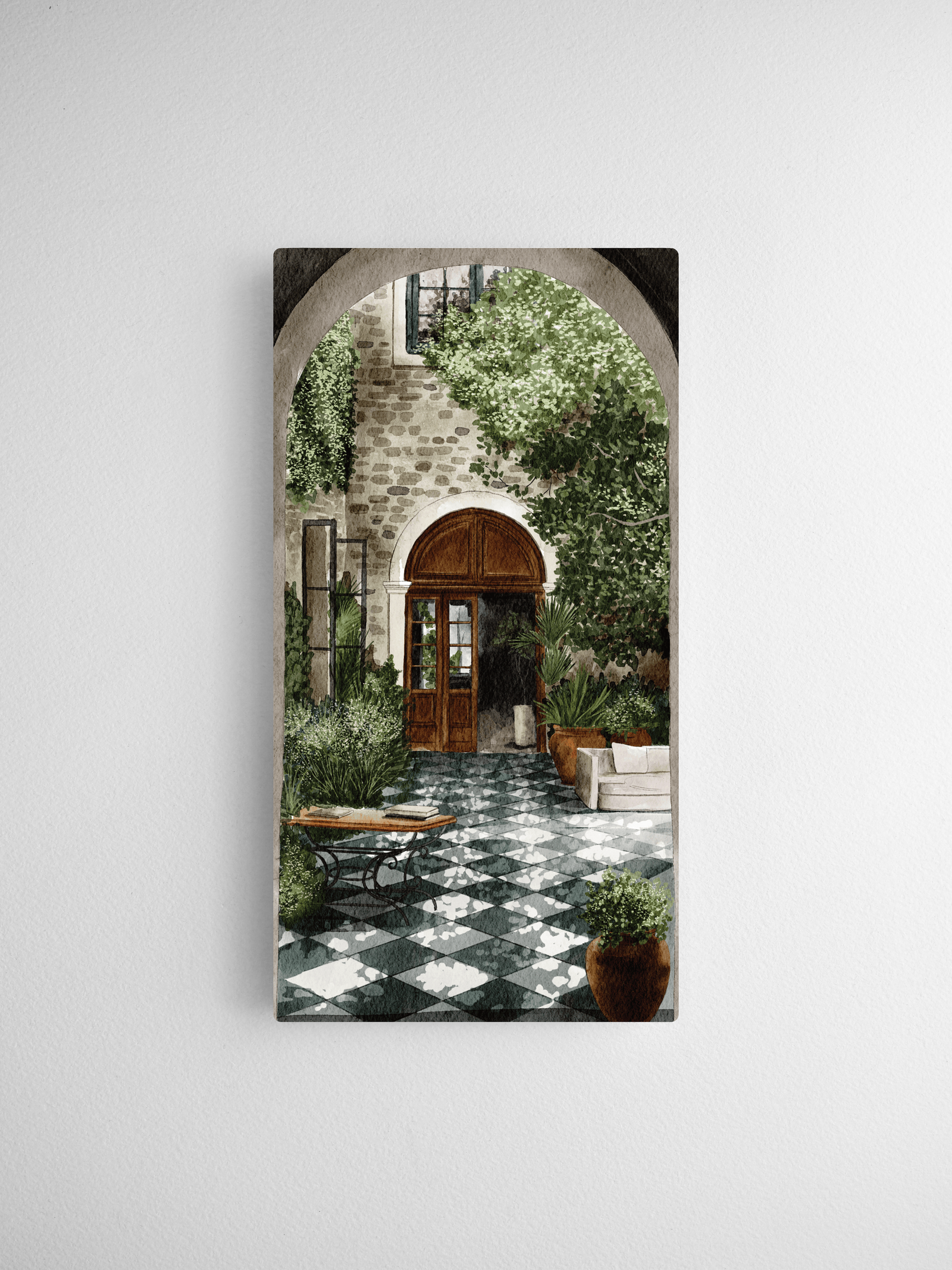 Lush garden scene viewed through a stone archway, featuring rich green foliage, a rustic wooden door, and a striking black and white checkered tile floor.