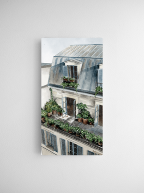 Detailed illustration of a Parisian rooftop, featuring a slate mansard roof, lush potted greenery, and elegant French architectural details for a calendar card.