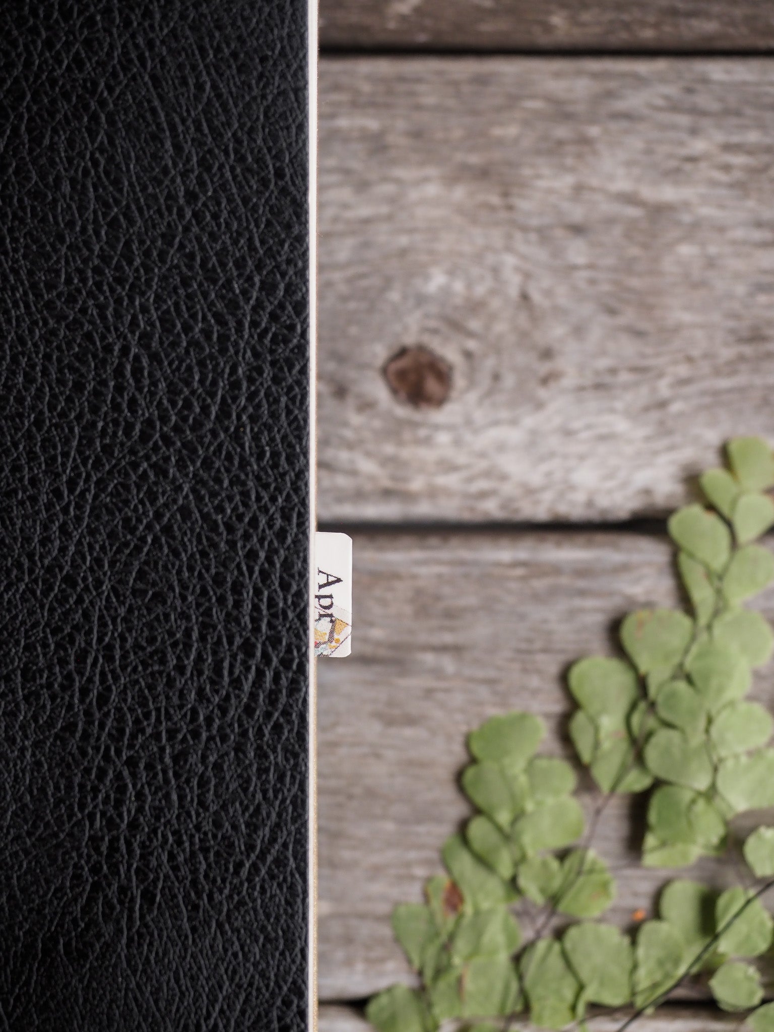 Black, textured faux-leather planner cover featuring an attached tab labeled "Apr," designed for organization and marking the month of April 2025.
