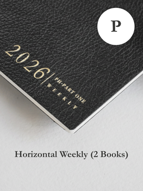 Dark charcoal weekly planner booklet featuring debossed white text reading "2026 PH-PART ONE WEEKLY."
