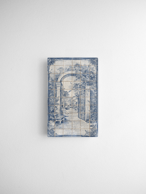 Decorative blue and white transfer print of a quaint, arched garden entrance with a wrought iron gate in a vintage tile style.