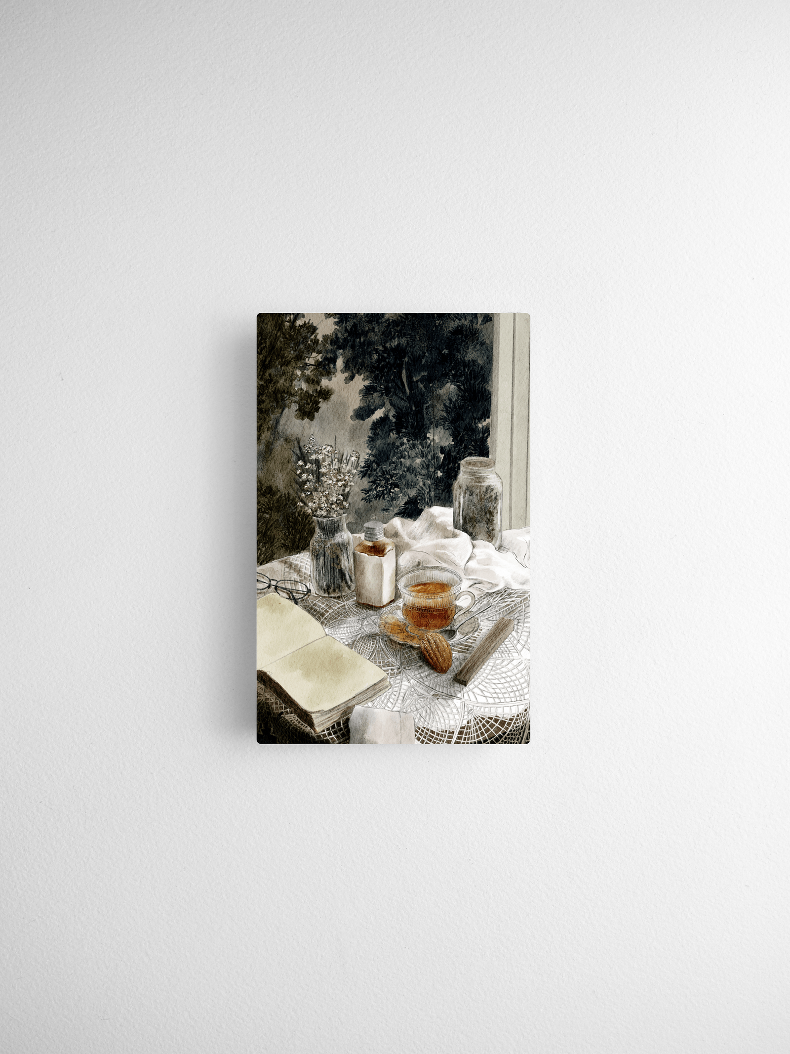 Rustic still-life illustration featuring apothecary jars, dried flowers, and natural objects in moody, vintage tones for calendar planning.