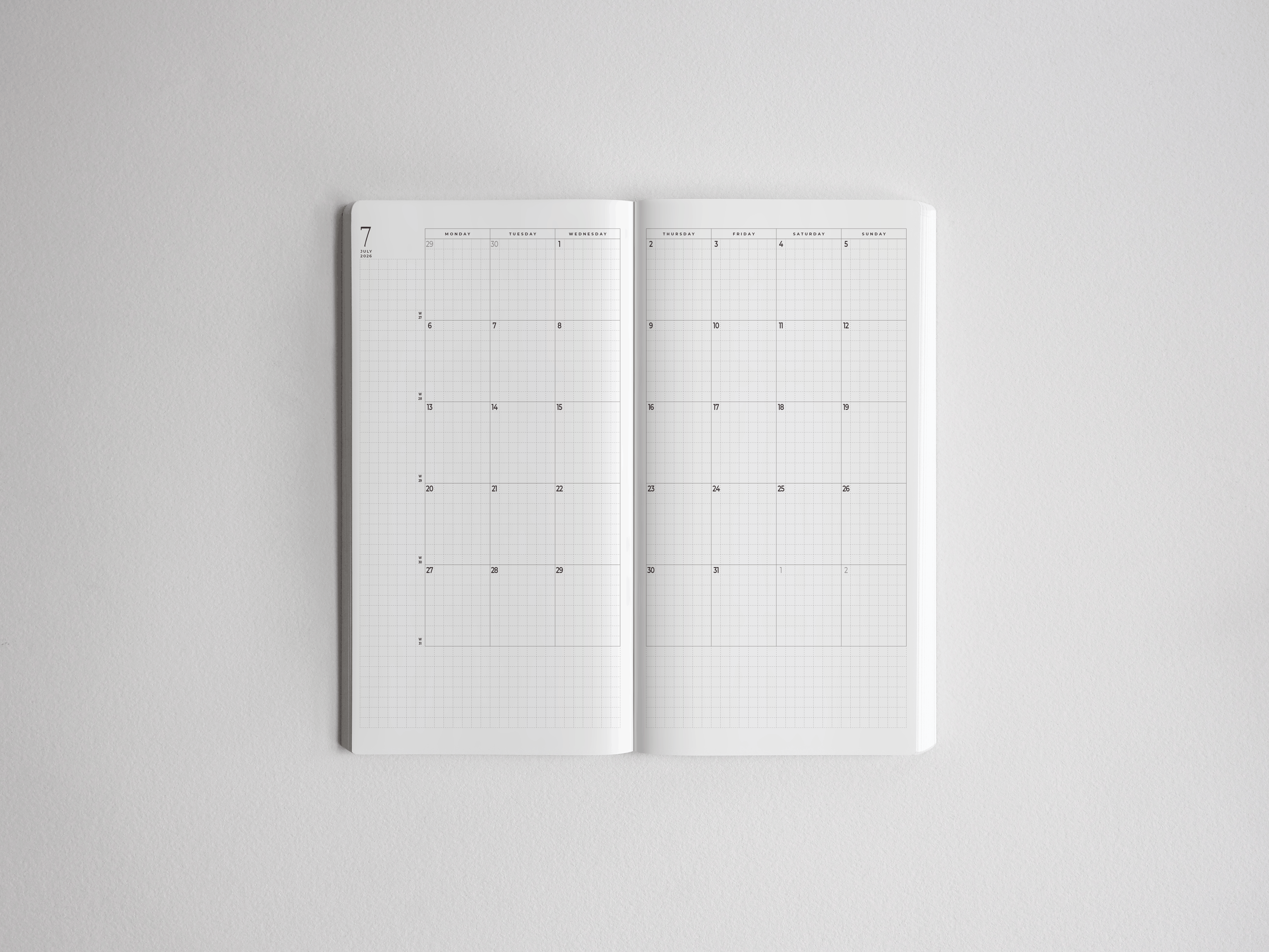 Open academic planner displaying a clean, organized grid layout across two vertical pages for detailed scheduling and tracking the 2026-2027 school year.