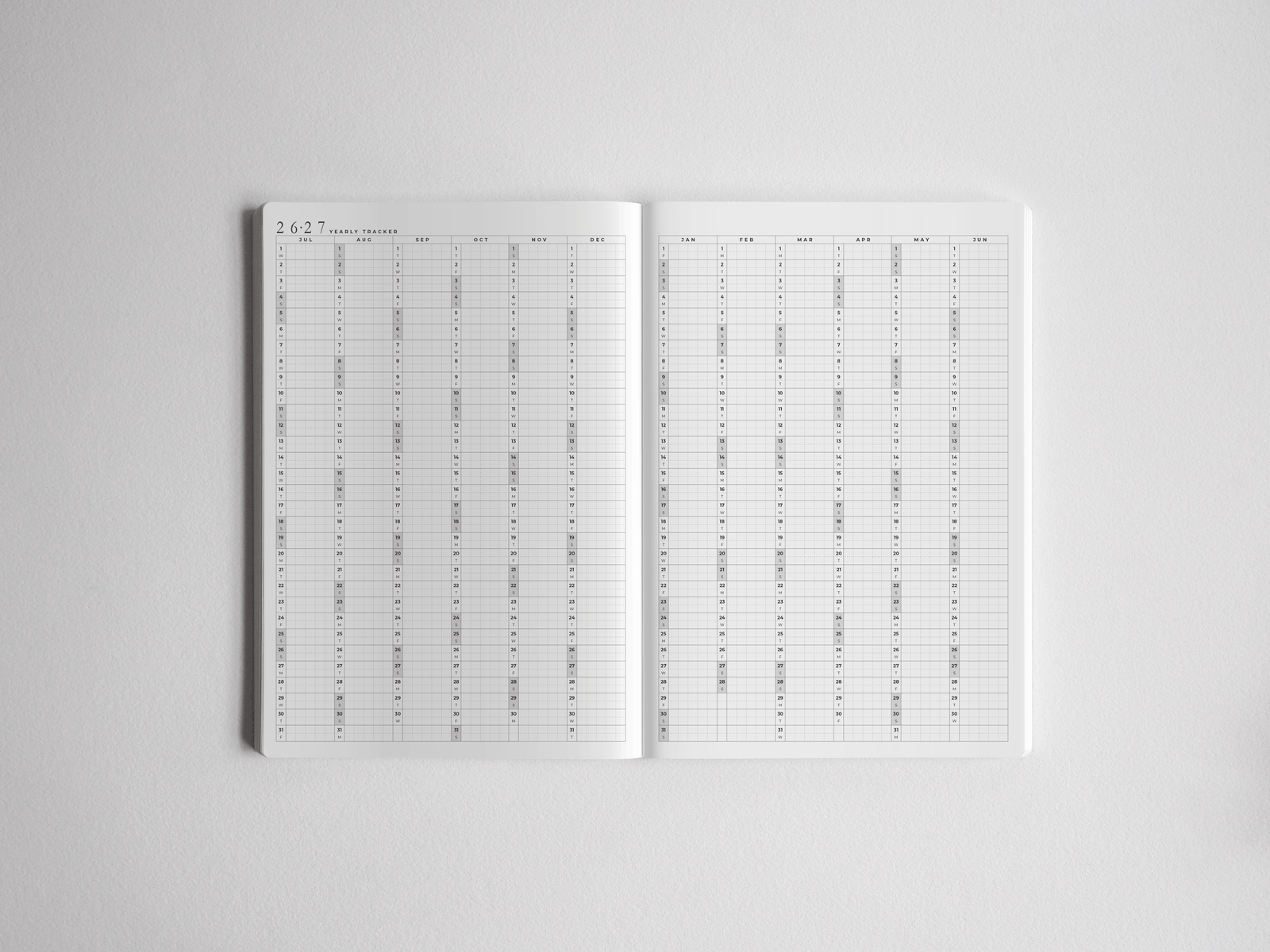 Clean, minimalist A5 academic planner featuring organized, white grids and full vertical layouts for comprehensive annual academic scheduling from 2026 to 2027.