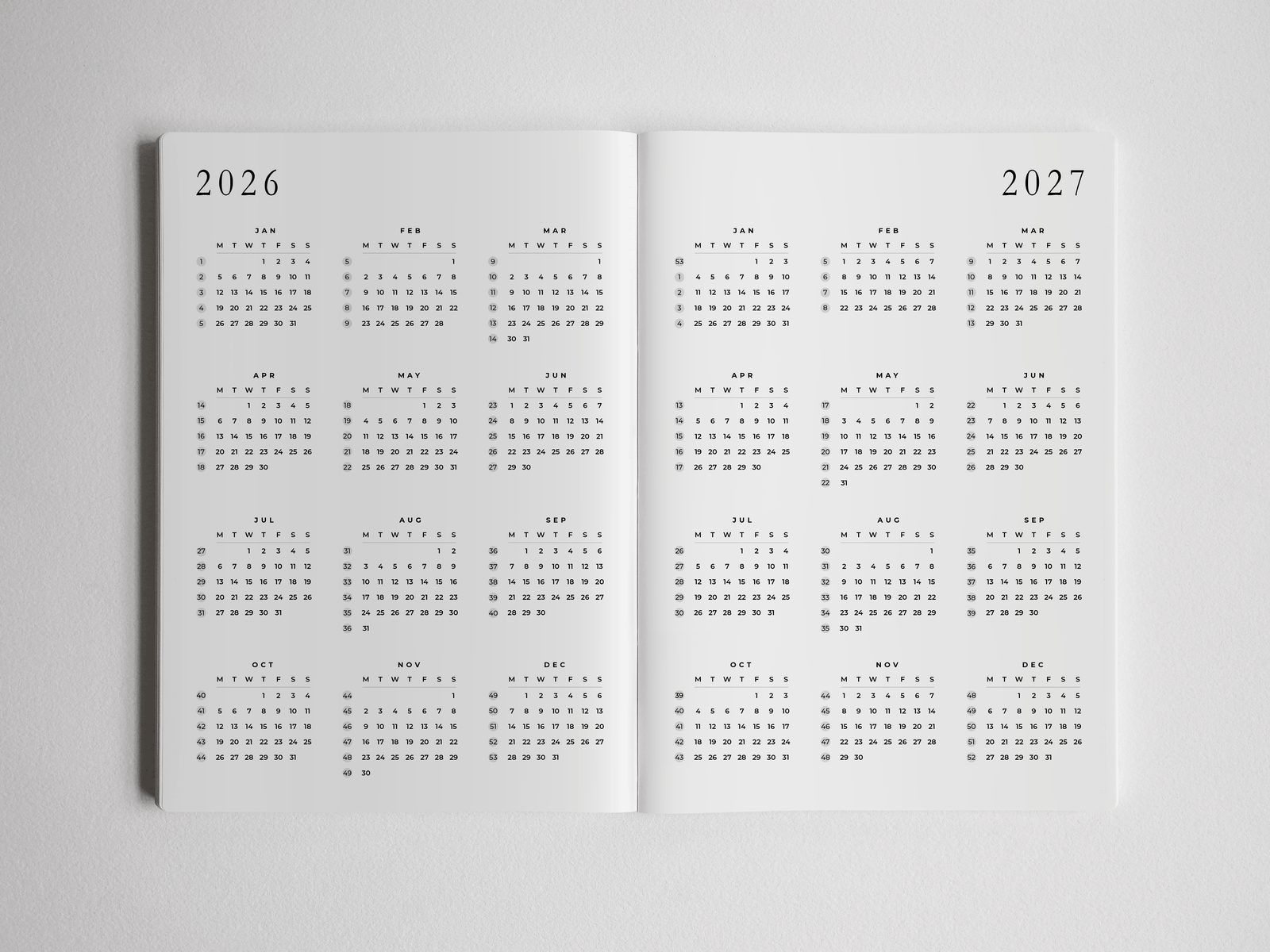 Academic planner featuring two full years (2026 and 2027) of detailed monthly calendar grids, designed for academic scheduling and planning.