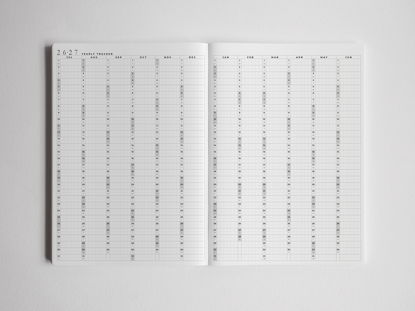Structured black-and-white B5 academic planner spanning 2026-2027, featuring full-year, detailed monthly and daily tracking grids for students and professionals.