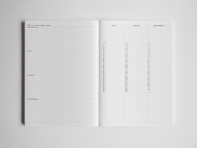 Open academic planner featuring B5 size and horizontal ruled grids designed for structured full-year scheduling and academic planning.
