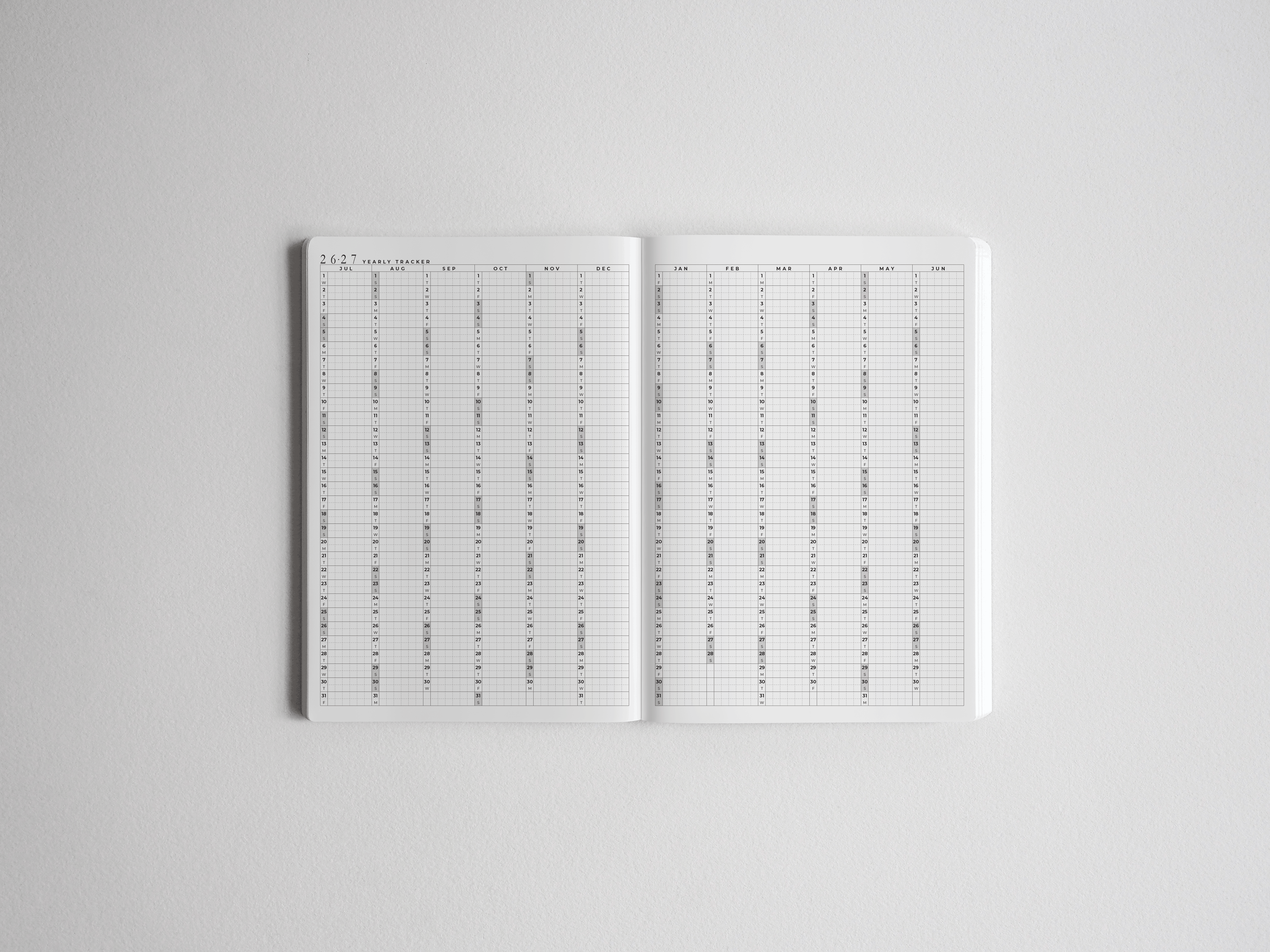 Clean, black-printed academic planner featuring a structured, vertical layout for a full academic year, including monthly sections for 2026-2027 planning.
