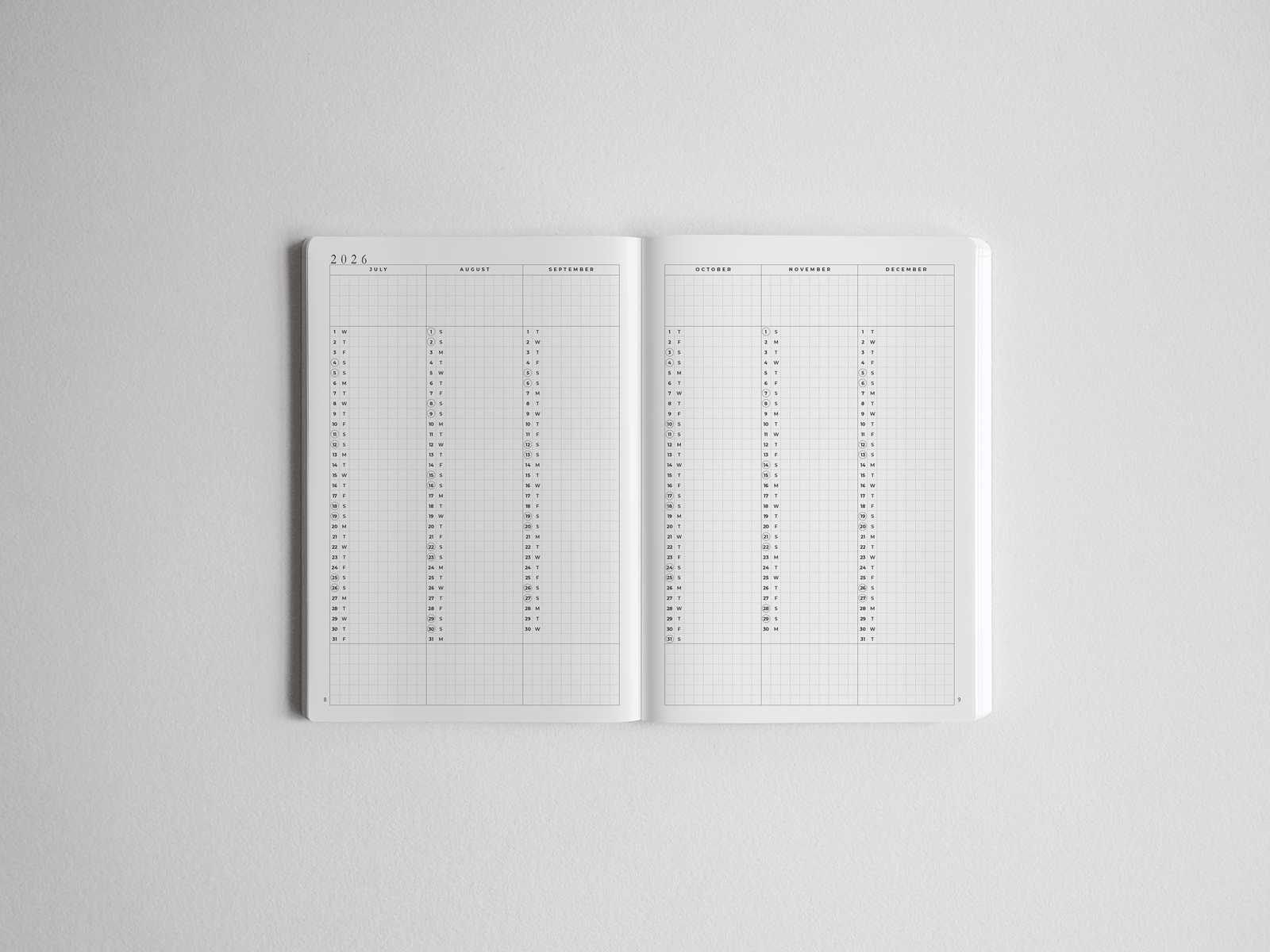 Open B6 academic daily planner for 2026-2027, featuring a clean, structured white layout with full-year daily and monthly planning pages.
