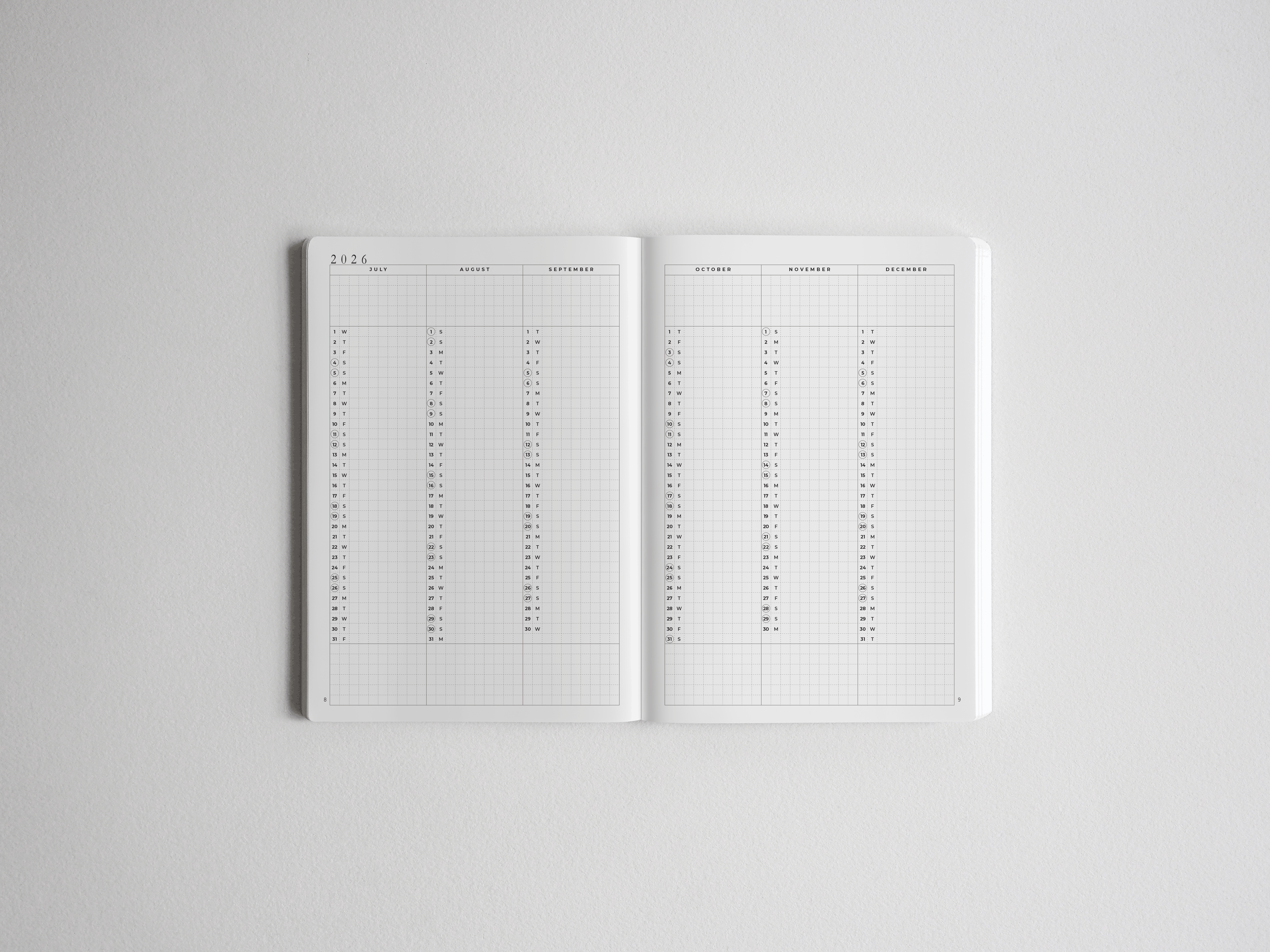 Open B6 academic daily planner for 2026-2027, featuring a clean, structured white layout with full-year daily and monthly planning pages.