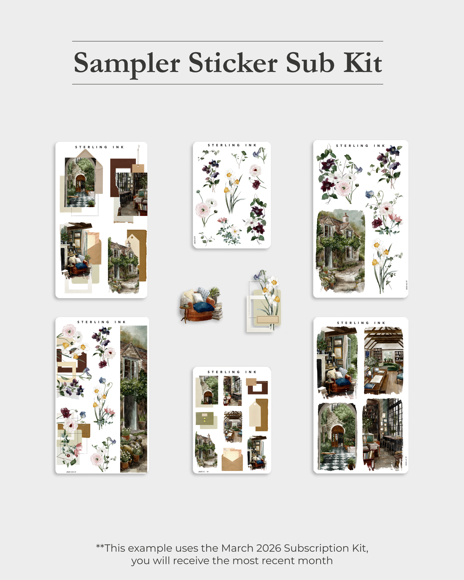 Botanical decals and vintage house scenes: charming windows, potted florals, and eclectic architectural motifs for