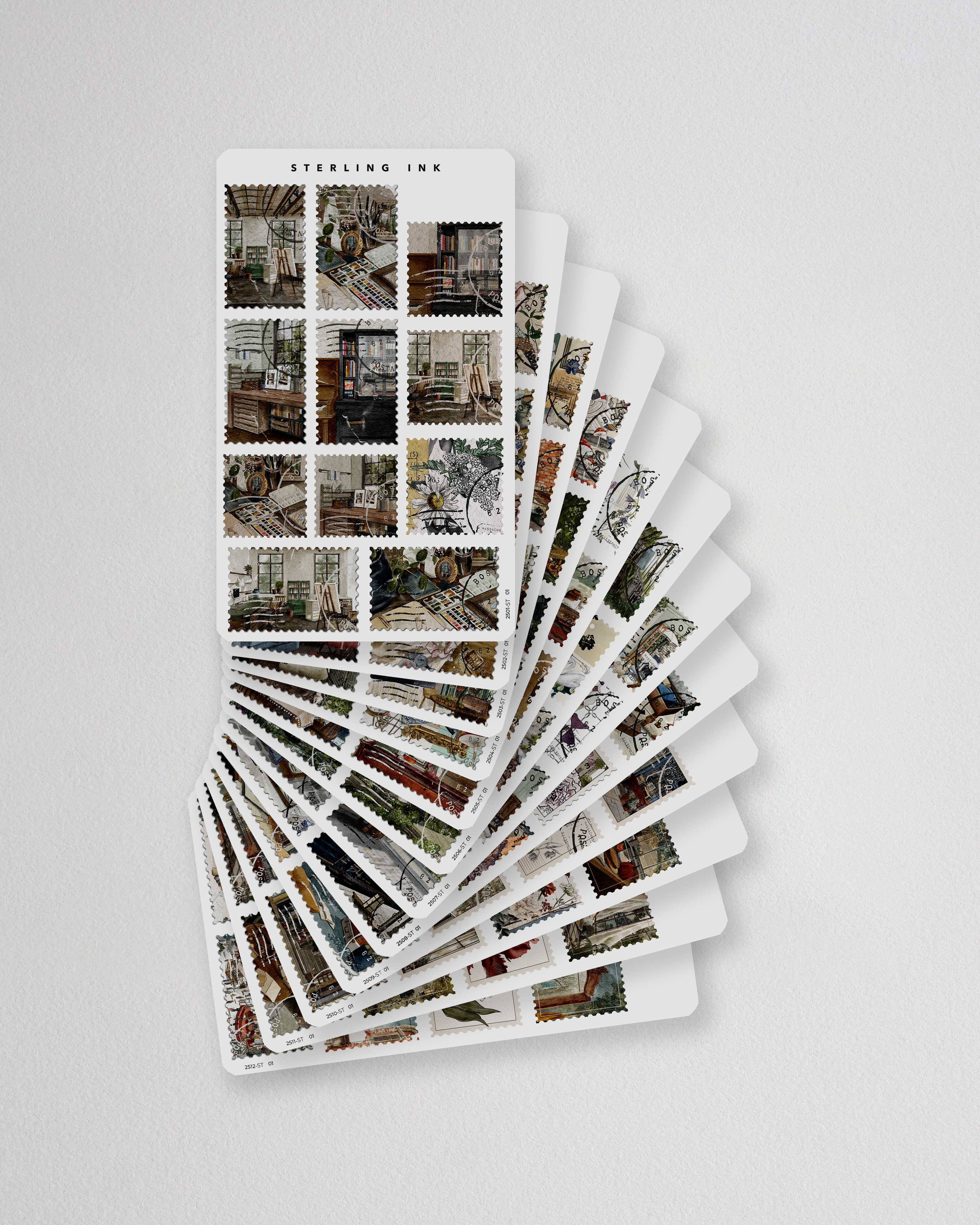 A cascaded stack of "Sterling Ink" vintage sticker sheets featuring a diverse collection of detailed black-and-white illustrations of city streets, architecture, and historical urban scenes.