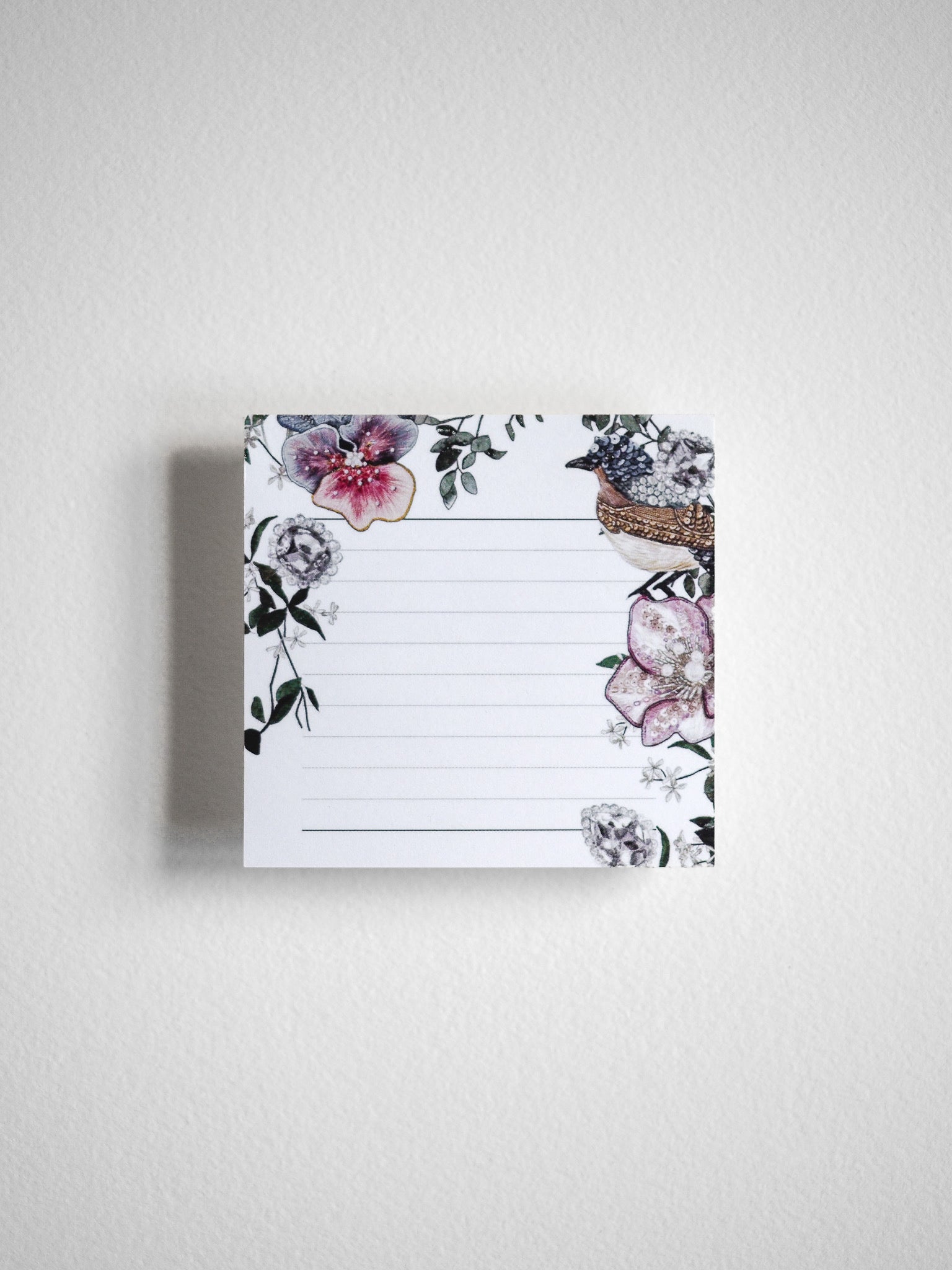 A seasonal sticky note planner for February 2025, adorned with delicate watercolor illustrations of florals and birds in soft, romantic tones.