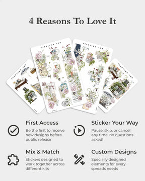 Sticker sheets with decorative designs on a white background, featuring text about reasons to love them.