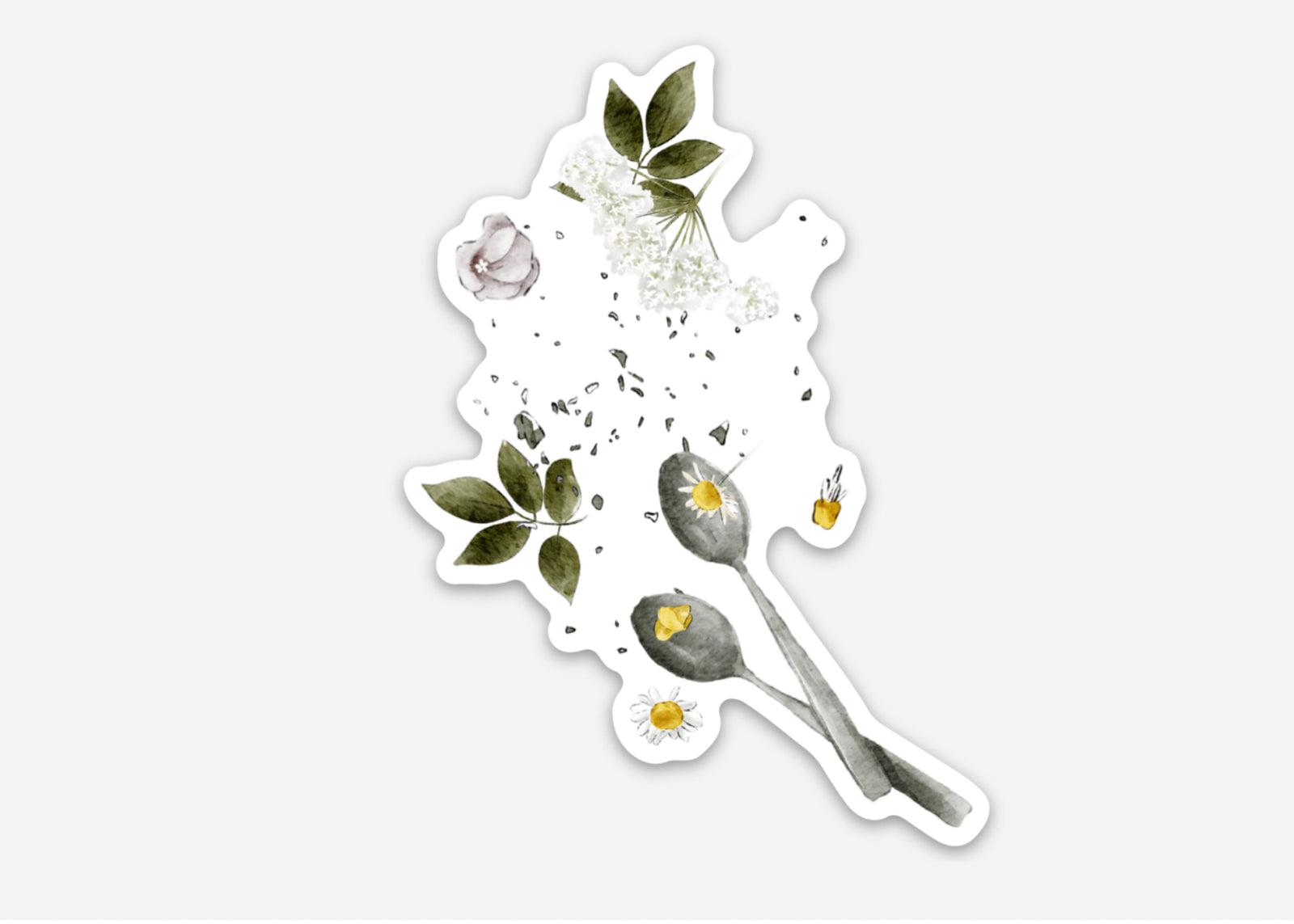 A vibrant floral die-cut sticker featuring a bohemian arrangement of sunflowers, delicate foliage, eucalyptus leaves, and patterned butterflies.