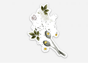 A vibrant floral die-cut sticker featuring a bohemian arrangement of sunflowers, delicate foliage, eucalyptus leaves, and patterned butterflies.