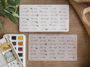 A collection of white, floral-themed weekly planning stickers for journaling and tracking, featuring days of the week and botanical illustrations.