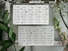Weekly planner sticker set with white paper featuring decorative daily weekdays and "STERLING INK" branding for themed journaling and organization.