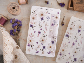 Delicate watercolor floral washi stickers for February 2023, featuring soft purple, lavender, and cream blooms perfect for journaling.