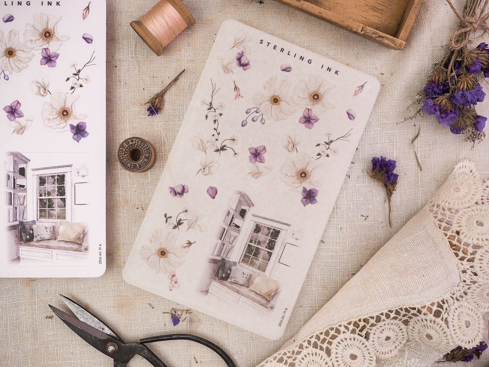 Whimsical sticker sheets featuring delicate watercolor flowers, trailing botanical sprigs, and sweet spring house vignettes.