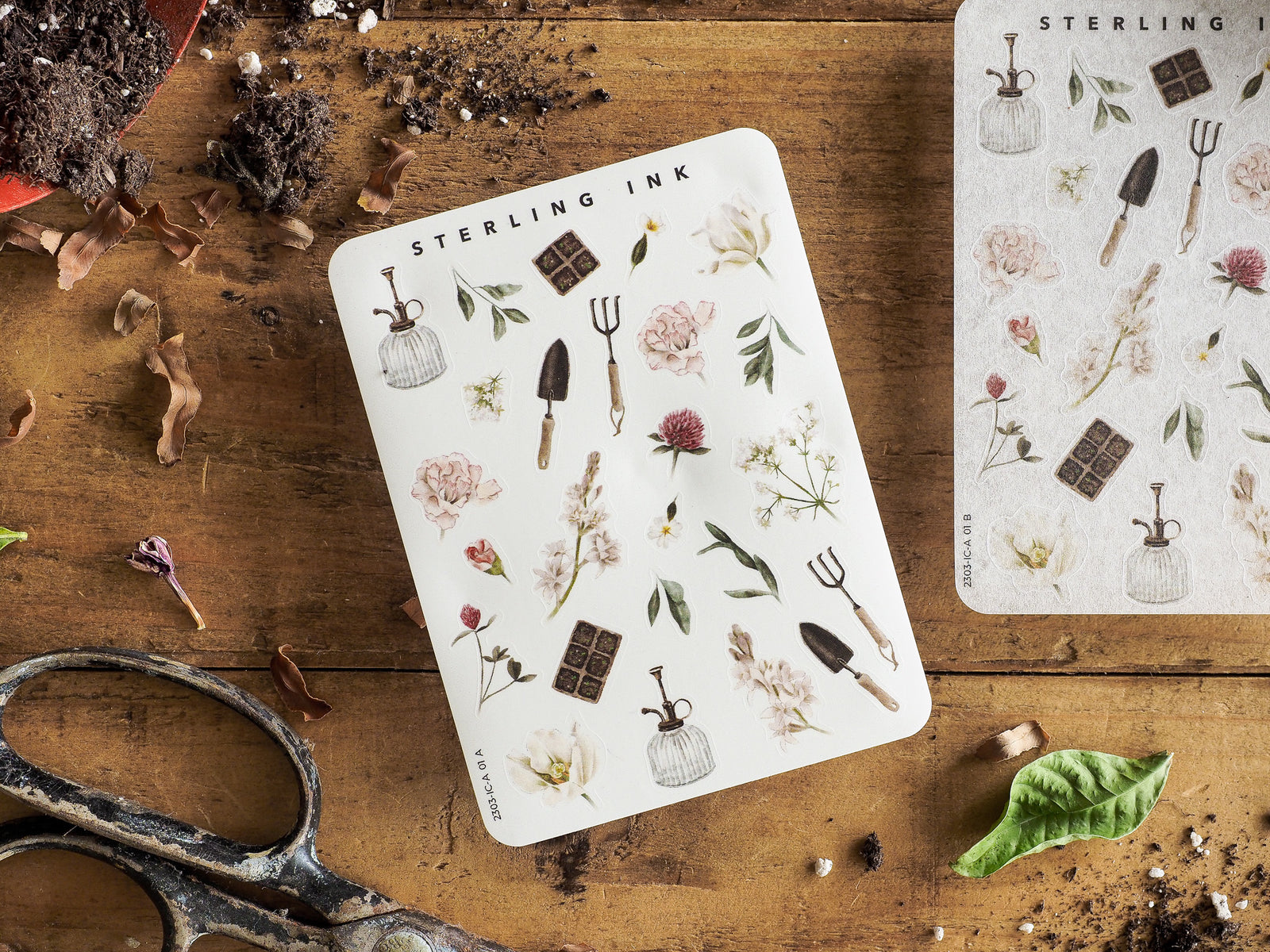 Botanical icon stickers sheet featuring delicate sepia-toned illustrations of teapots, gardening tools, flowers, and seasonal elements.