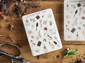 Botanical icon stickers sheet featuring delicate sepia-toned illustrations of teapots, gardening tools, flowers, and seasonal elements.