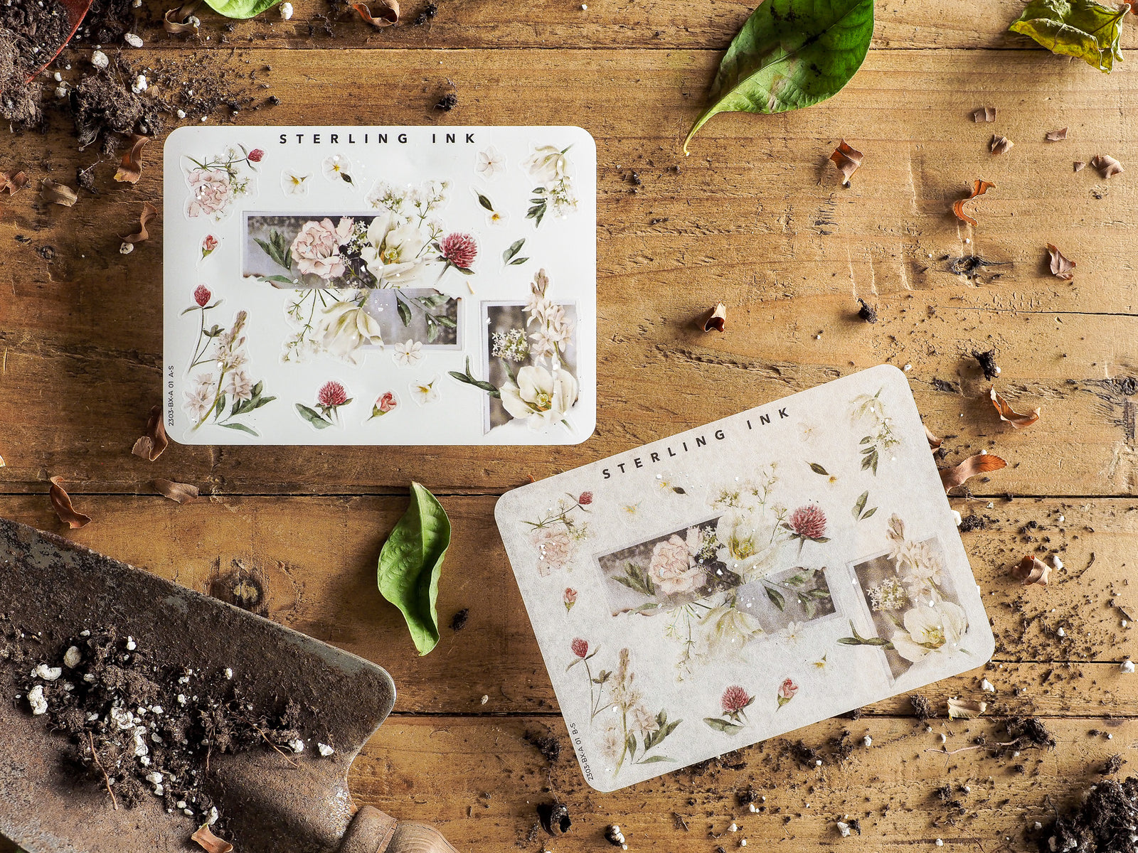 Beautiful sticker set for scrapbooking featuring vintage botanical illustrations, delicate pressed flowers, and decorative corner accents.