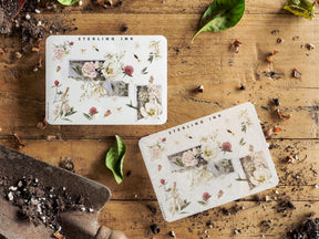Beautiful sticker set for scrapbooking featuring vintage botanical illustrations, delicate pressed flowers, and decorative corner accents.