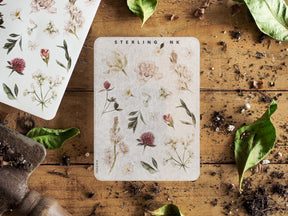 Pale, detailed sticker sheet featuring a collection of delicate botanical illustrations, including soft pink and white blossoms and lush greenery.