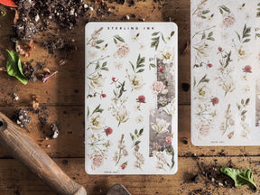 Watercolor washi sticker strip set featuring delicate spring floral designs of pale roses, peonies, and various shades of green foliage.
