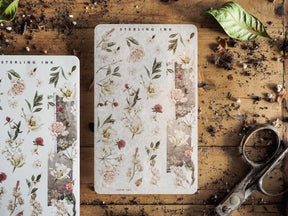 Botanical washi strip stickers featuring soft watercolor arrangements of blush pink roses, sage green foliage, and delicate mixed spring blossoms.
