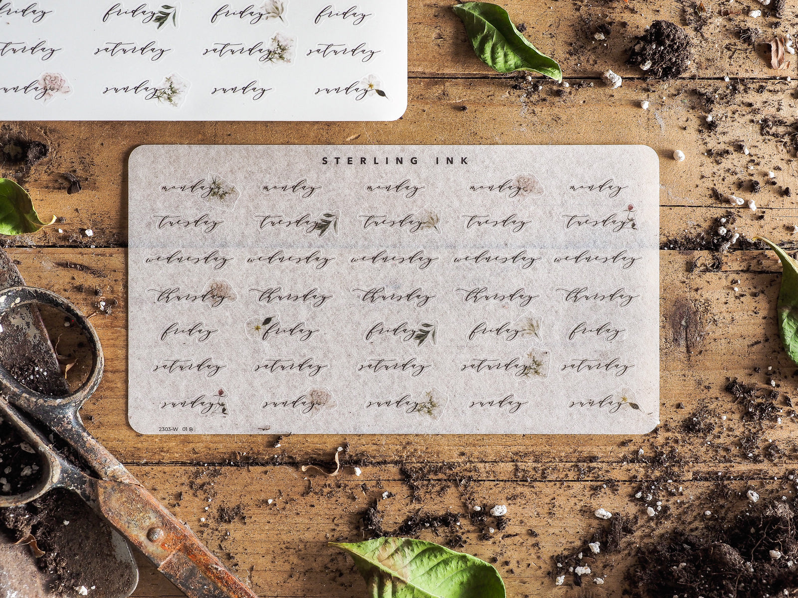 Set of delicate, cream-colored stickers featuring elegant calligraphy of weekdays and dates for March 2023 planning.