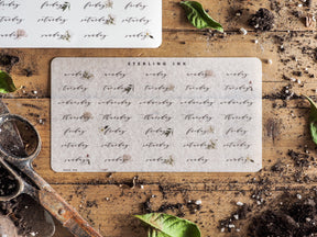Set of delicate, cream-colored stickers featuring elegant calligraphy of weekdays and dates for March 2023 planning.