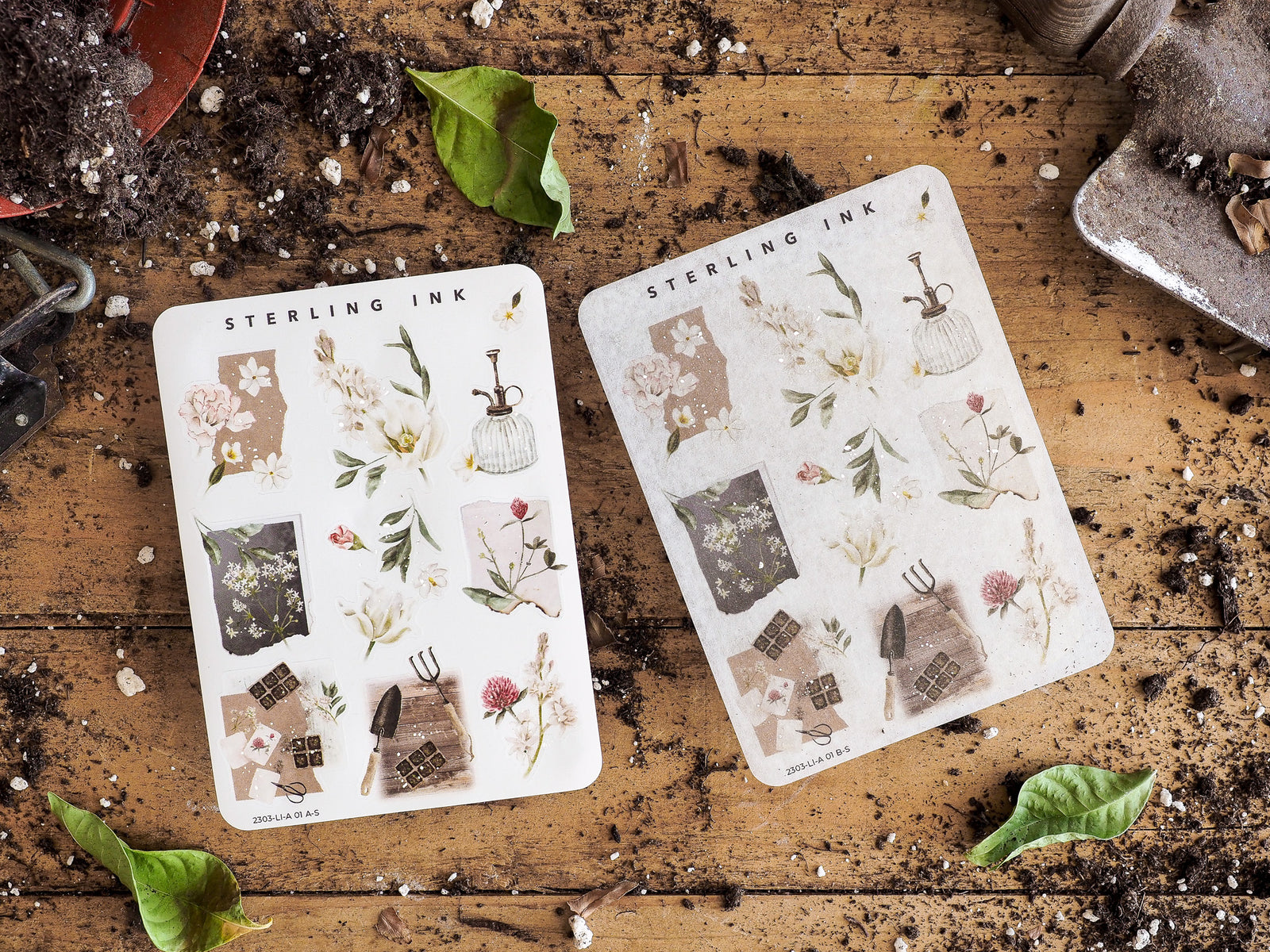 Vintage-style sticker sheets featuring a delicate mix of muted botanical drawings, small charming houses, and decorative jars.