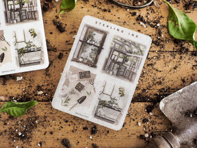 Detailed illustration sticker sheets featuring vintage architectural line art sketches of windows, homes, and potted plants.