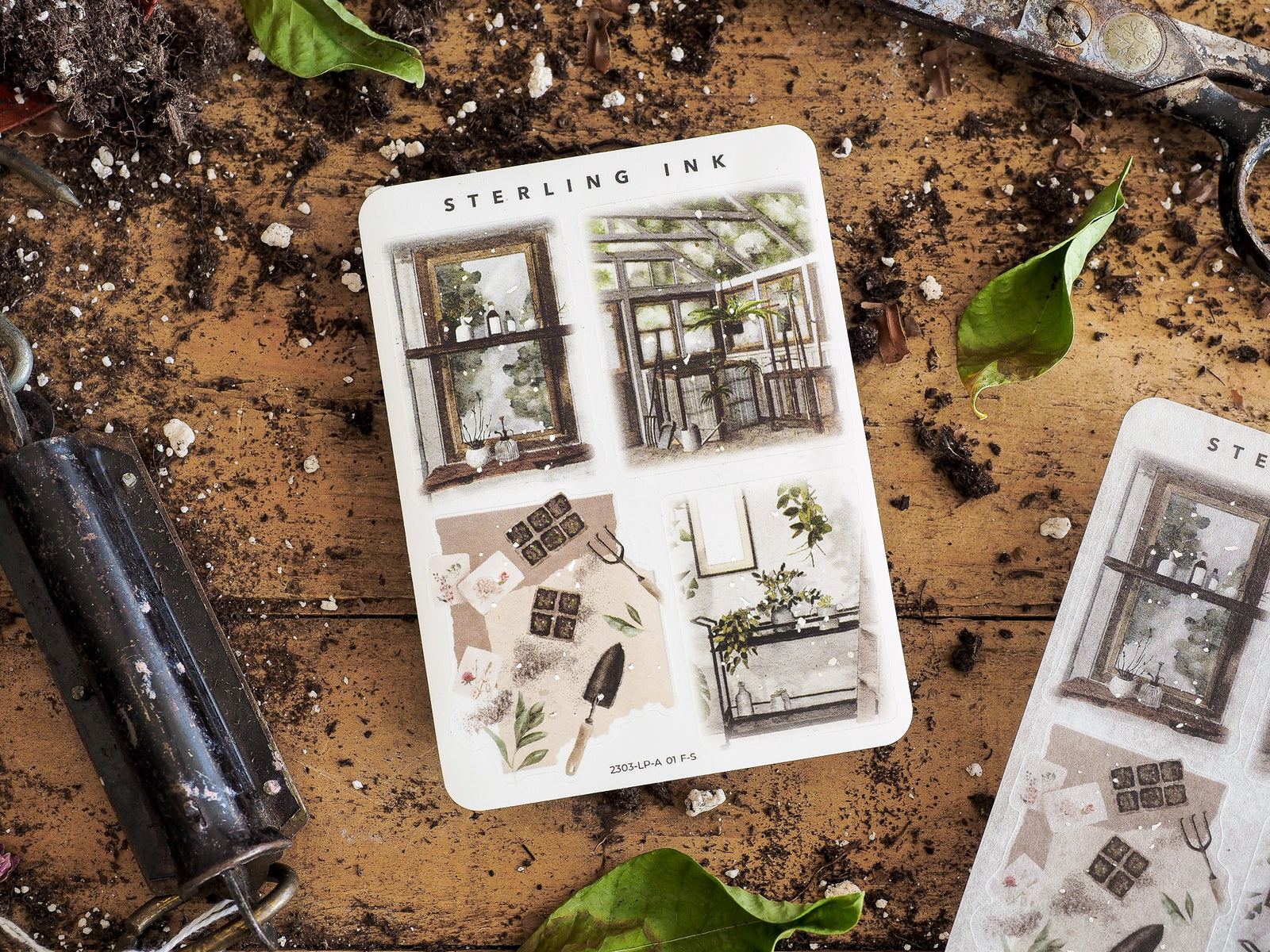 A large sheet of illustrated stickers featuring a vintage aesthetic, showcasing framed window designs, detailed indoor plant life, and rustic architectural elements.