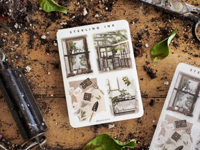 A large sheet of illustrated stickers featuring a vintage aesthetic, showcasing framed window designs, detailed indoor plant life, and rustic architectural elements.